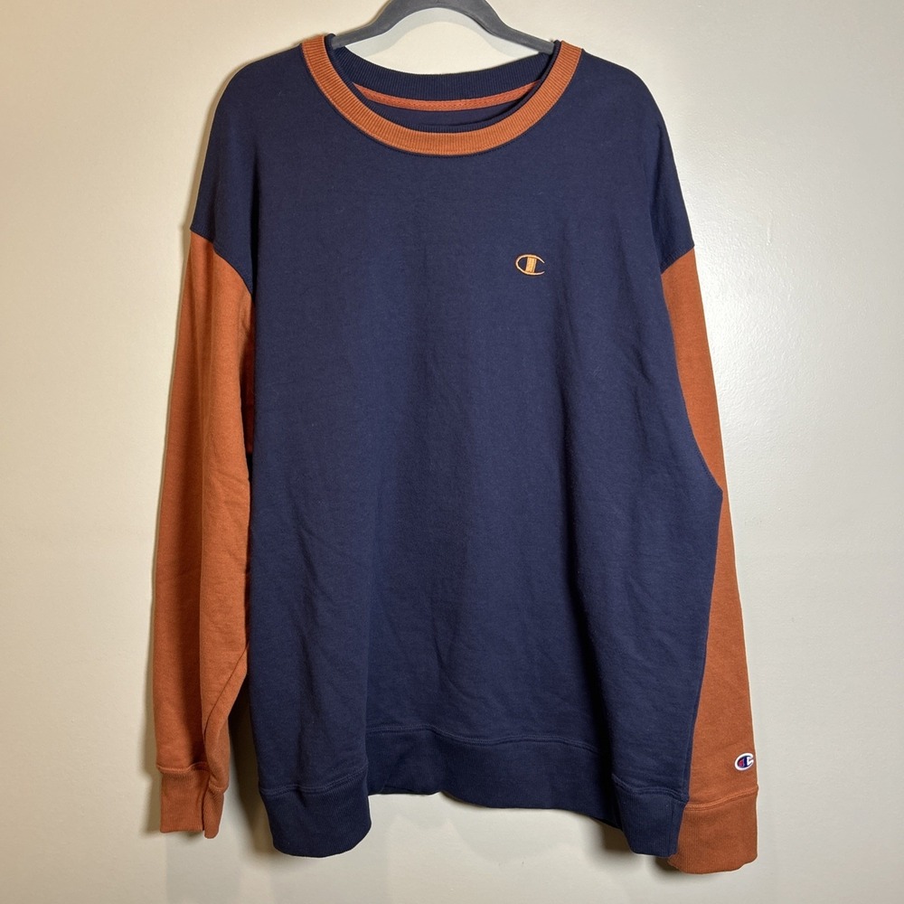 Champion Crew Sweatshirt Vintage Men XXL Navy/Burnt Orange Long Sleeve Pullover